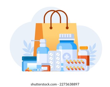 Pharmacy medical drugs, medicine, drugstore, healthcare, flat vector illustration banner and background