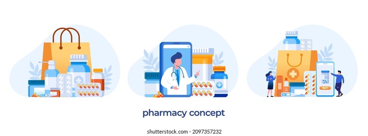 Pharmacy medical drugs, medicine, flat vector illustration banner and background