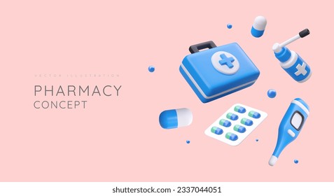 Pharmacy medical kit with realistic 3d medical equipment. Collection for first aid. Temperature measurement, throat treatment, medical help concept. Vector illustration