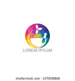 Pharmacy medical logo design. Natural mortar and pestle logotype, medicine herbal illustration symbol icon vector design.
