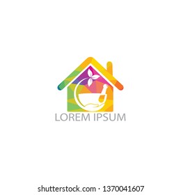 Pharmacy medical logo design. Natural mortar and pestle logotype, medicine herbal illustration symbol icon vector design. Tests, chemical, pharmaceutical centre scheme.