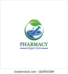 Pharmacy medical logo design. Natural mortar and pestle logotype, medicine herbal illustration symbol icon vector design.