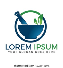 Pharmacy Medical Logo Design. Natural Mortar And Pestle Logo.