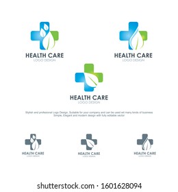 Pharmacy and medical Logo with Leaf  inside medical cross symbol, suitable for healthy and human care, clinic and pharmacy logo and icons
