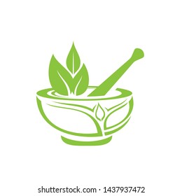 Pharmacy medical logo, natural mortar and pestle logotype, medicine herbal illustration symbol icon vector design.