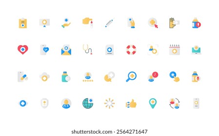 Pharmacy and medical pills of online exam, doctors prescription, pharmaceutical treatment color icon set. Bottle of vitamin or antibiotic drugs, stethoscope, medicare flat elements vector illustration