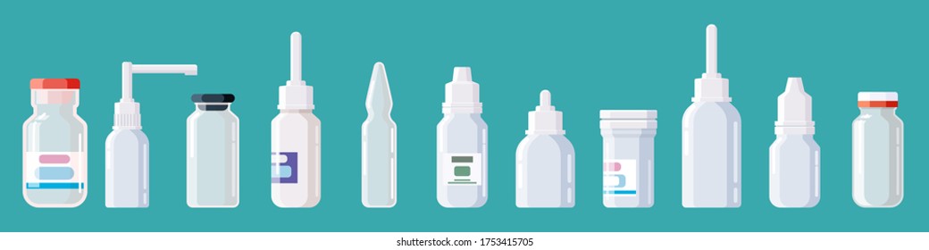 Pharmacy medical set bottles, jars, tubes, sprays, droppers with caps. Plastic package. Drugs, vitamin, antibiotic, vaccine. Template mockup packaging design. Vector, isolated, illustration cartoon
