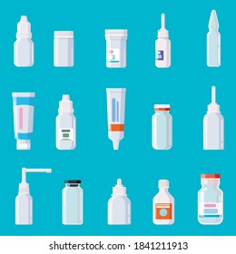 Pharmacy medical set bottles, jars, tubes, sprays, droppers with caps. Plastic package. Drugs, vitamin, antibiotic, vaccine. Template mockup packaging design. Vector, isolated, illustration cartoon