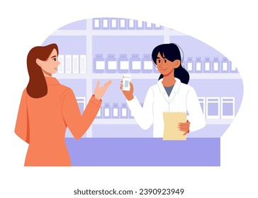 Pharmacy or medical shop concept. Pharmacist and woman client at pharmacy. Medicine healthcare professional vector flat illustration.