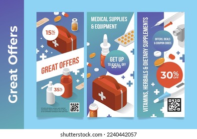 Pharmacy medical and supplies great offer sale advertising poster set vector illustration. Vitamin herbal and dietary supplement discount coupon code promo flyer healthcare shopping business price off