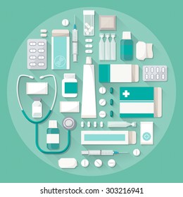 Pharmacy and medical treatment concept with pills, tablets, blisters and stethoscope in a circular shape