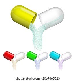 Pharmacy Medicament Opened Capsules Set Vector. Open Multicolored Capsules With Falling Pharmaceutical Vitamin Powder. Medicine Healthy Supplement Template Realistic 3d Illustrations