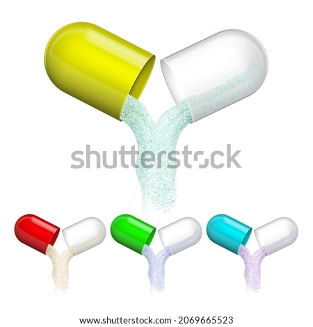 Pharmacy Medicament Opened Capsules Set Vector. Open Multicolored Capsules With Falling Pharmaceutical Vitamin Powder. Medicine Healthy Supplement Template Realistic 3d Illustrations
