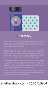 Pharmacy medicaments poster with pills blister. Capsules and plastic container with cap, representing drug image, isolated on vector illustration