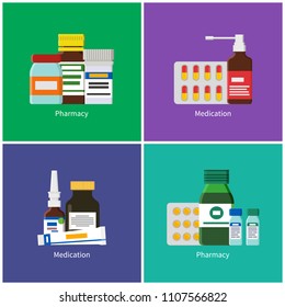 Pharmacy and medication color banners collection, vector illustration of medical remedies, bottles flasks and spray, medicinal means for treatment