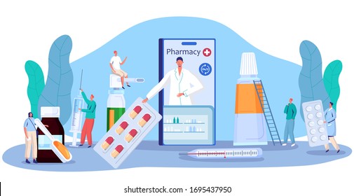 Pharmacy medication concept, online drugstore consultation and pills prescription, vector illustration. Tiny people with medical drugs and bottles, pharmacist assistant, medicine prescription online