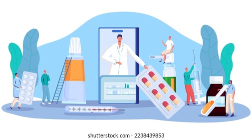 Pharmacy medication concept, online drugstore consultation and pills prescription, people vector illustration