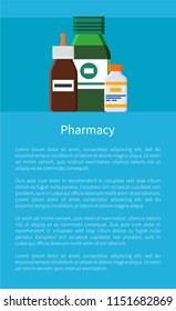 Pharmacy medication items on posters with headlines text sample. Medicine production and mixtures in containers glass bottles vector illustration