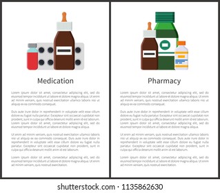 Pharmacy medication items set. Posters with headlines text sample. Medicine production and mixtures in containers glass bottles vector illustration