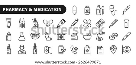 Pharmacy and medication - line icon set with editable stroke. Medical icons. Medicines, medical supplies... Simple design - outline collection of healthcare symbols. Vector illustration.