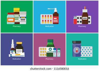 Pharmacy and medication posters with production. Pill blisters and glass plastic containers. Treatment in containers medical items vector illustration