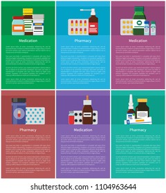 Pharmacy and medication set, blisters with pills, bottles containing liquids, medical production, ampoule ointment collection vector illustration