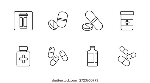 Icono de conjunto de medicamentos y farmacia. Frasco de píldora, cápsula dividida, píldoras apiladas, frasco médico, frasco líquido, múltiples cápsulas, frasco de medicina que se muestra en un contorno delgado para medicamentos y uso de suplementos.