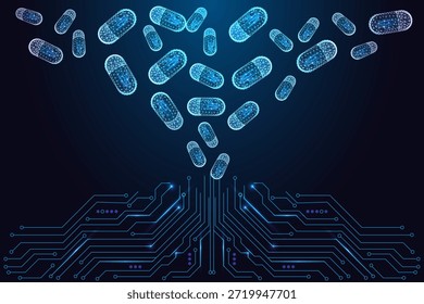 Farmácia, tecnologia de medicação e conceito de desenvolvimento de fármacos com cápsulas digitais de baixo-poli acima das linhas da placa de circuito. Vetor de néon brilhante. Biotech, medtech, farmácia online. Inovação farmacêutica.
