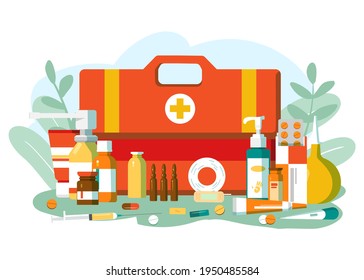 Pharmacy medication for treatment, vector illustration. Drug medicine in first aid kit design, health care by medical production.