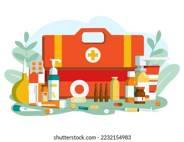 Pharmacy medication for treatment, vector illustration. Drug medicine in first aid kit design, health care by medical production.