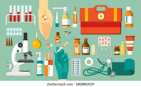 Pharmacy and medications, drugs set of icons, isolated vector illustrations. Medical objects, medicine in pharmaceutics concept. Pills, medicaments, microscope and medics bag, bottles.