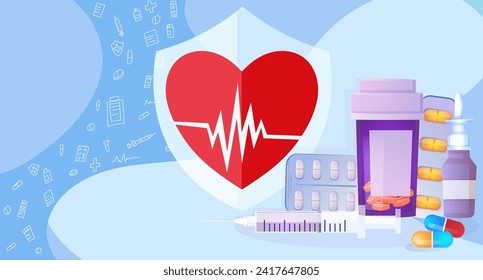 Pharmacy medicine concept banner with heart pulse. Different medical pills and drugs for health care. Online shop pharmacy. Drug store. Vector illustration in flat style