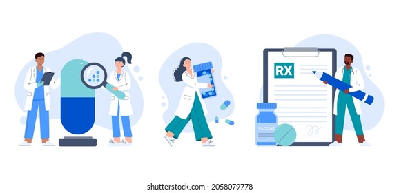 Pharmacy and medicine concepts. Vector flat illustrations.