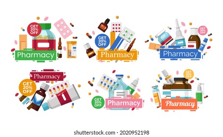 Pharmacy medicine with discount, isolated on white set, vector illustration. Health treatment with medication, medical icon collection concept. Flat pharmaceutical capsule, bottle and pills.