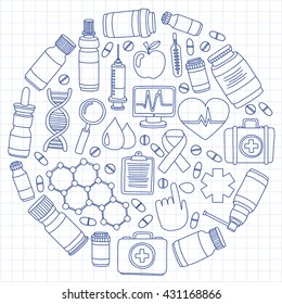Pharmacy and medicine doodle vector pictures