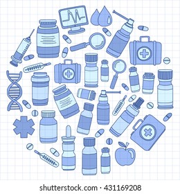 Pharmacy and medicine doodle vector pictures