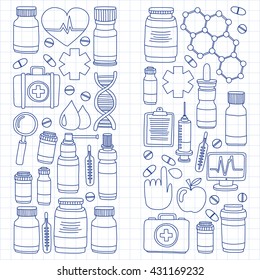 Pharmacy and medicine doodle vector pictures