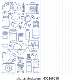Pharmacy and medicine doodle vector pictures
