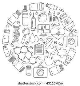 Pharmacy and medicine doodle vector pictures