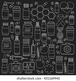 Pharmacy and medicine doodle vector pictures