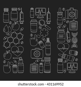 Pharmacy and medicine doodle vector pictures