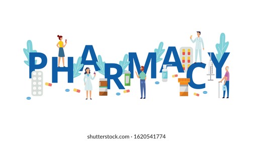 Pharmacy, medicine and drugstore concept with people and text. Doctor and pacient character with pills and drugs, isolated flat vector illustration.