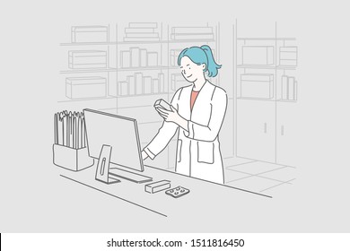 Pharmacy, medicine, healthcare concept. Young happy smiling woman or girl pharmacist selects the necessary pills for the client. Selection of pills and checking the expiration date. Simple flat vector