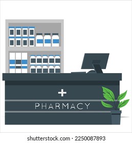 Pharmacy, medicine, healthcare concept. Young happy smiling woman or girl pharmacist selects the necessary pills for the client. Selection of pills and checking the expiration date. Simple flat vector