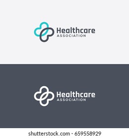 Pharmacy, medicine and healthcare logo concept with image of two crossed hearts for light and dark background