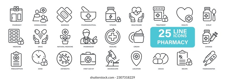 Pharmacy, medicine, healthcare thin line icons.  For website marketing design, logo, app, template, ui, etc. Vector illustration.