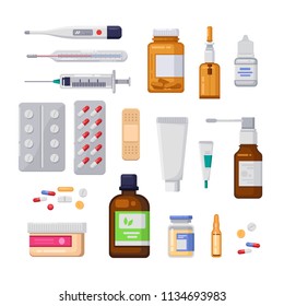 Pharmacy, medicine and healthcare vector flat illustration. Pills, drugs, bottles icons and design elements.