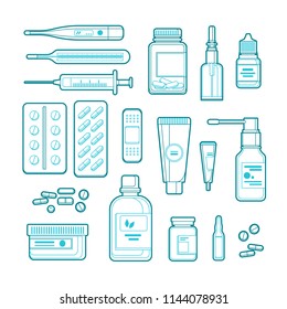 Pharmacy, medicine and healthcare vector line art illustration. Outline pills, drugs, bottles icons and design elements.