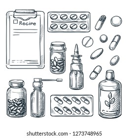 Pharmacy, medicine and healthcare vector sketch illustration. Pills, drugs, bottles, prescription hand drawn icons and design elements.