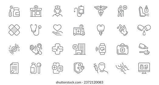 Pharmacy and medicine, hospital icons set. Healthcare collection of symbols and signs. Vector outline linear style